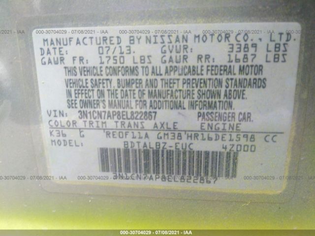 Photo 8 VIN: 3N1CN7AP8EL822867 - NISSAN VERSA 