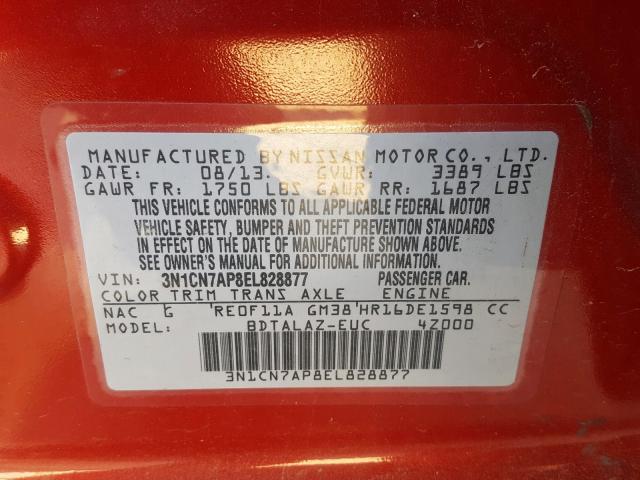 Photo 9 VIN: 3N1CN7AP8EL828877 - NISSAN VERSA S 