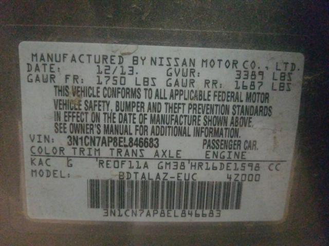 Photo 9 VIN: 3N1CN7AP8EL846683 - NISSAN VERSA S 