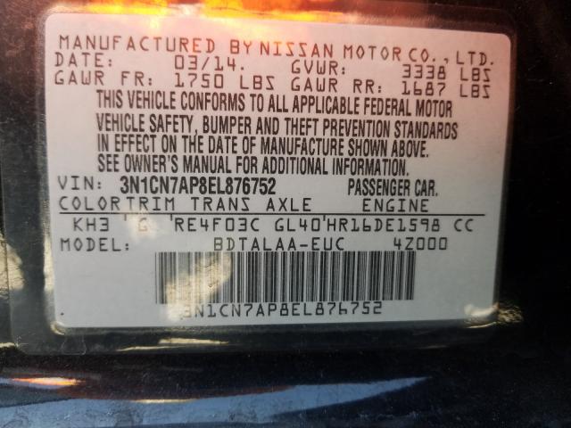 Photo 9 VIN: 3N1CN7AP8EL876752 - NISSAN VERSA S 