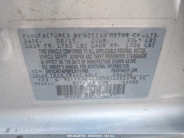 Photo 8 VIN: 3N1CN7AP8FL911193 - NISSAN VERSA 