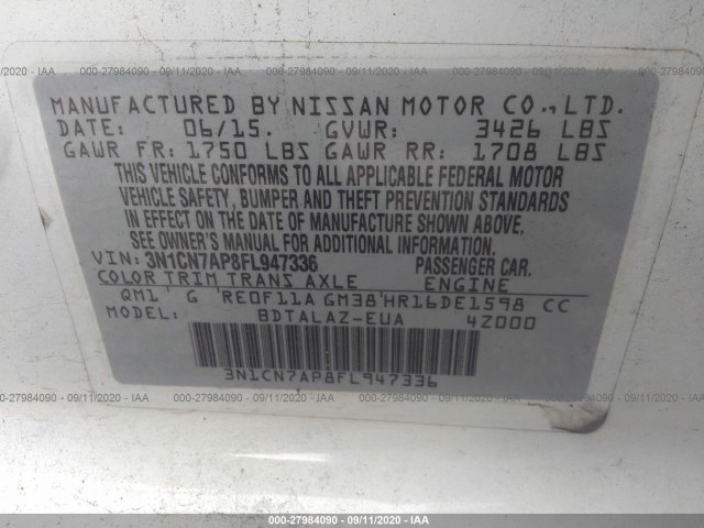 Photo 8 VIN: 3N1CN7AP8FL947336 - NISSAN VERSA 