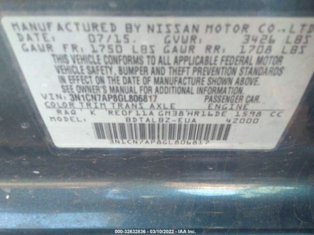 Photo 8 VIN: 3N1CN7AP8GL806817 - NISSAN VERSA 