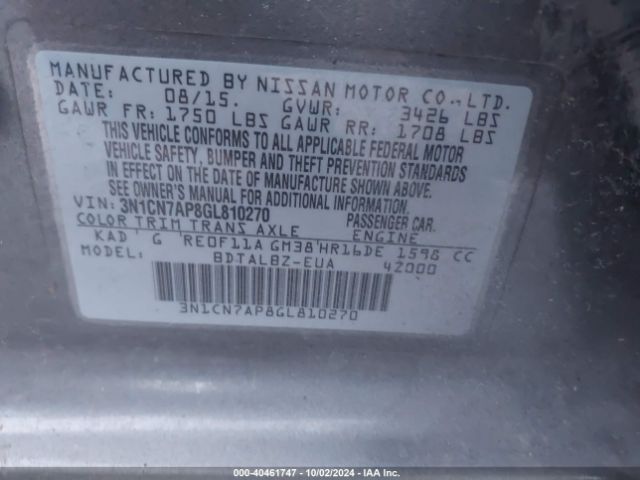 Photo 8 VIN: 3N1CN7AP8GL810270 - NISSAN VERSA 