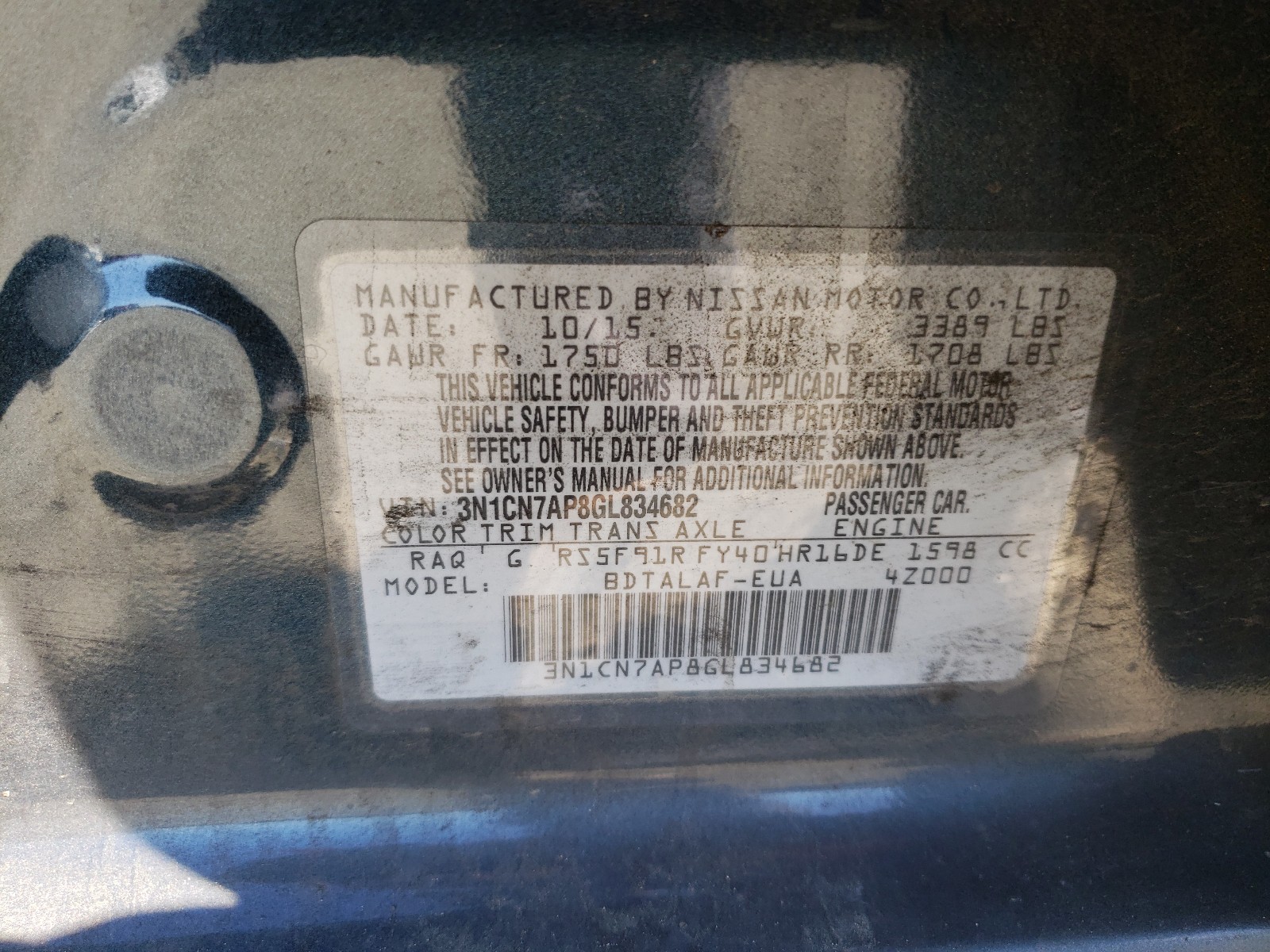 Photo 9 VIN: 3N1CN7AP8GL834682 - NISSAN VERSA S 