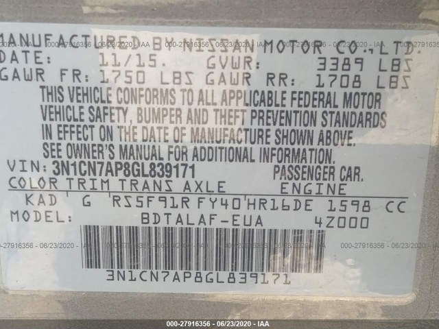 Photo 8 VIN: 3N1CN7AP8GL839171 - NISSAN VERSA 