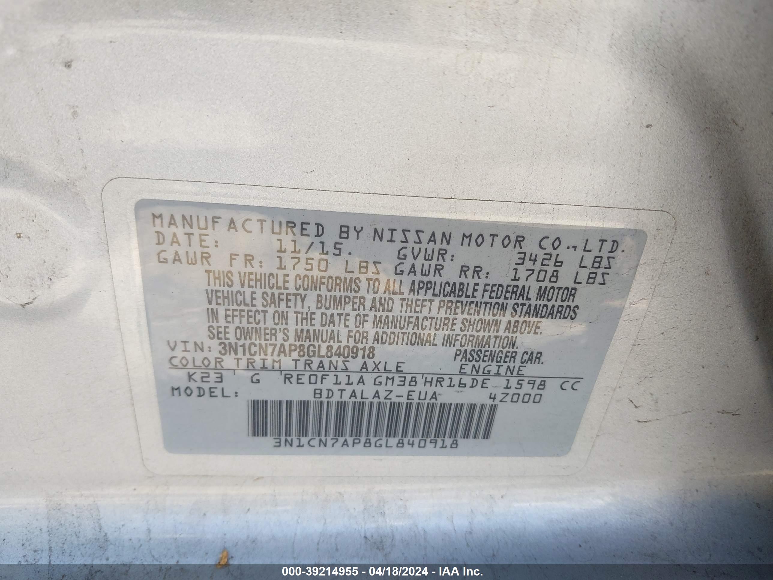 Photo 8 VIN: 3N1CN7AP8GL840918 - NISSAN VERSA 