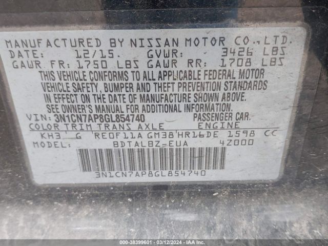 Photo 8 VIN: 3N1CN7AP8GL854740 - NISSAN VERSA 