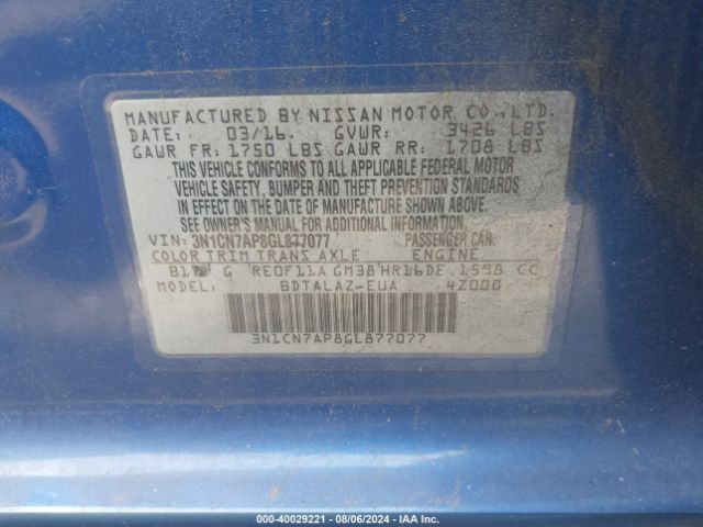 Photo 8 VIN: 3N1CN7AP8GL877077 - NISSAN VERSA 