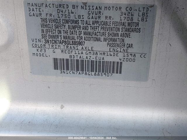 Photo 8 VIN: 3N1CN7AP8GL885907 - NISSAN VERSA 