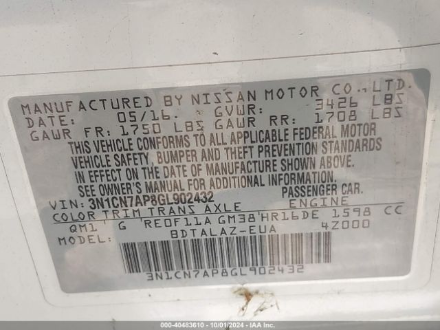 Photo 8 VIN: 3N1CN7AP8GL902432 - NISSAN VERSA 