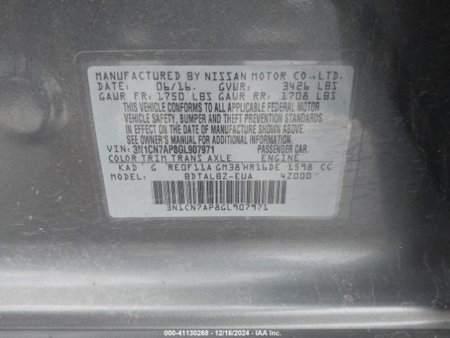 Photo 8 VIN: 3N1CN7AP8GL907971 - NISSAN VERSA 