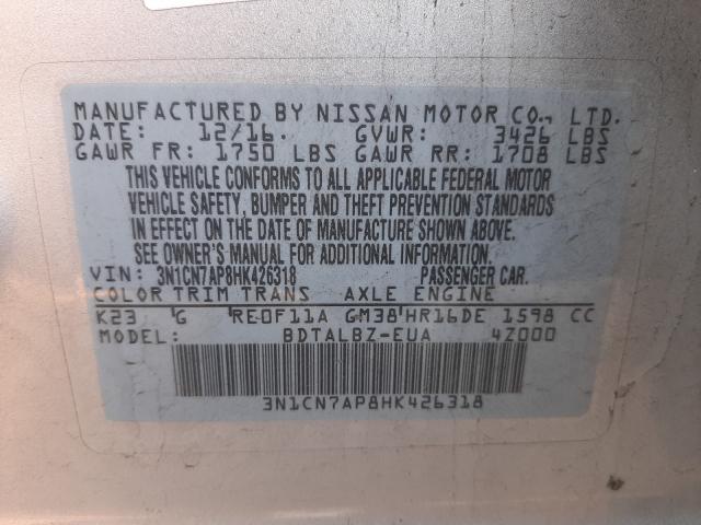 Photo 9 VIN: 3N1CN7AP8HK426318 - NISSAN VERSA S 