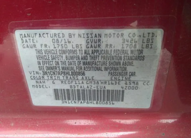 Photo 8 VIN: 3N1CN7AP8HL800856 - NISSAN VERSA SEDAN 