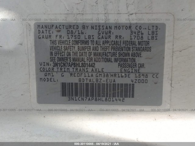 Photo 8 VIN: 3N1CN7AP8HL801442 - NISSAN VERSA SEDAN 