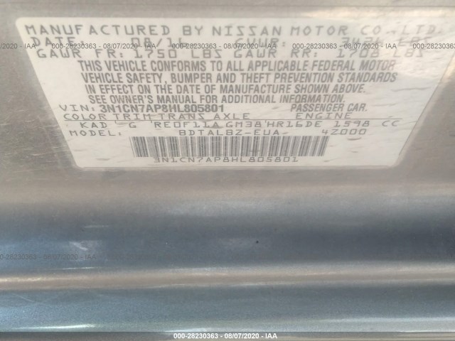 Photo 8 VIN: 3N1CN7AP8HL805801 - NISSAN VERSA SEDAN 