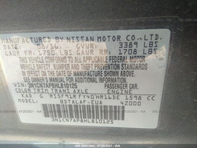 Photo 8 VIN: 3N1CN7AP8HL810125 - NISSAN VERSA SEDAN 