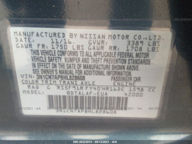 Photo 8 VIN: 3N1CN7AP8HL828608 - NISSAN VERSA SEDAN 