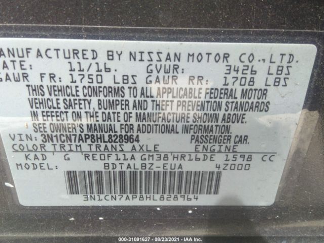 Photo 8 VIN: 3N1CN7AP8HL828964 - NISSAN VERSA SEDAN 