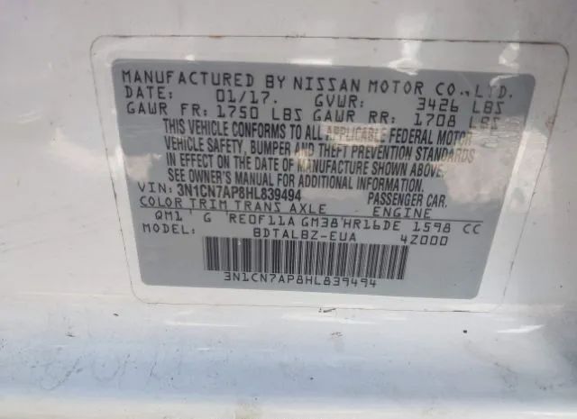 Photo 8 VIN: 3N1CN7AP8HL839494 - NISSAN VERSA SEDAN 