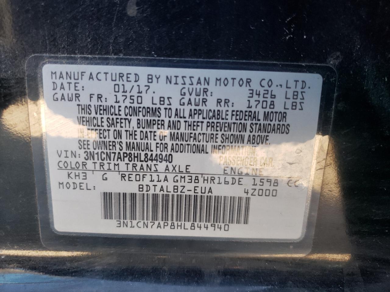 Photo 12 VIN: 3N1CN7AP8HL844940 - NISSAN VERSA 