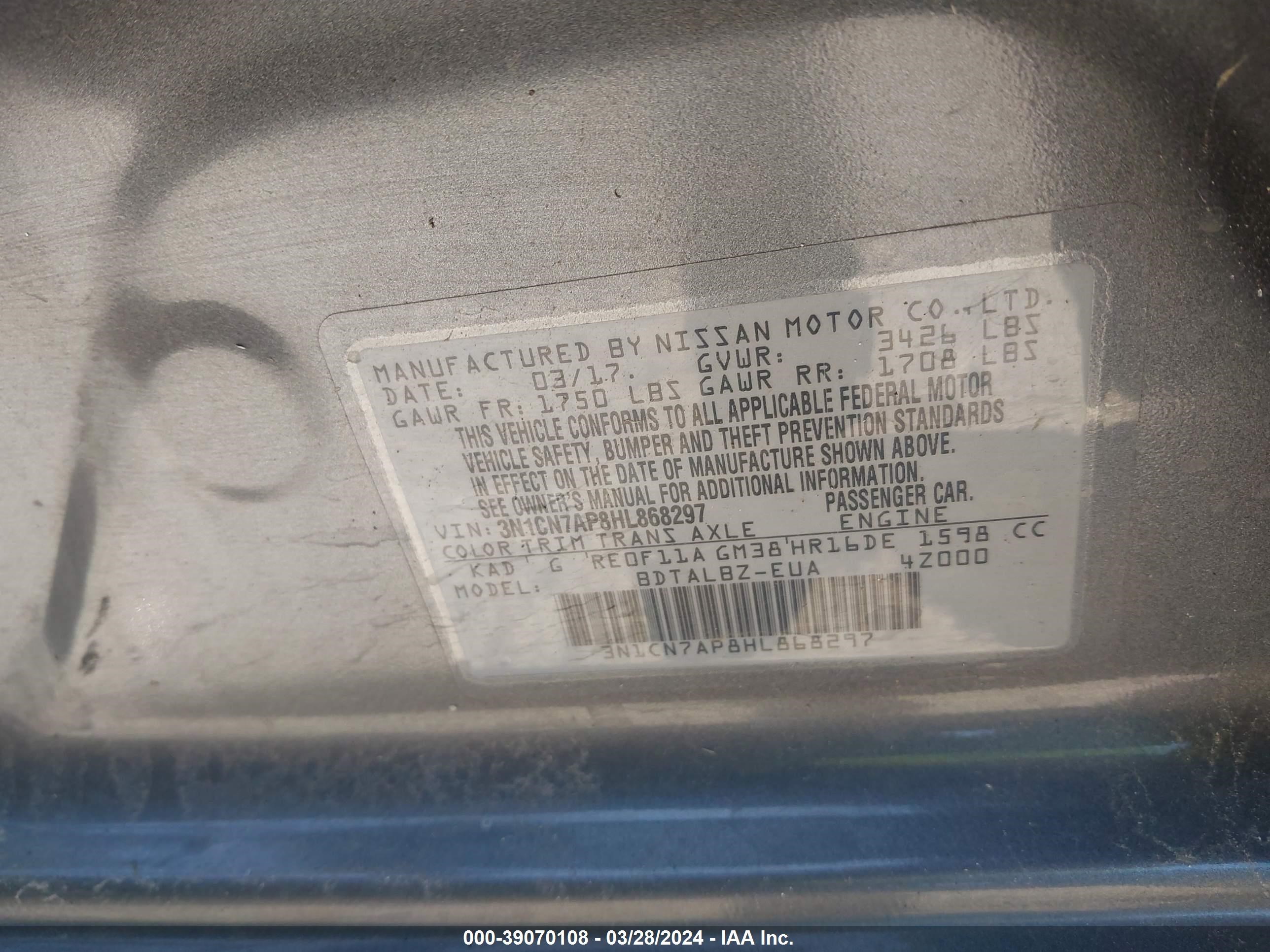 Photo 8 VIN: 3N1CN7AP8HL868297 - NISSAN VERSA 