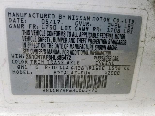 Photo 9 VIN: 3N1CN7AP8HL885472 - NISSAN VERSA S 