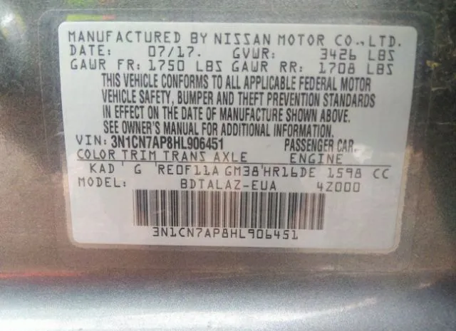 Photo 8 VIN: 3N1CN7AP8HL906451 - NISSAN VERSA SEDAN 