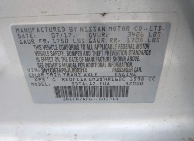 Photo 8 VIN: 3N1CN7AP8JL800314 - NISSAN VERSA 