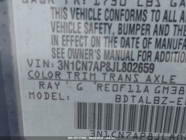 Photo 8 VIN: 3N1CN7AP8JL802659 - NISSAN VERSA 