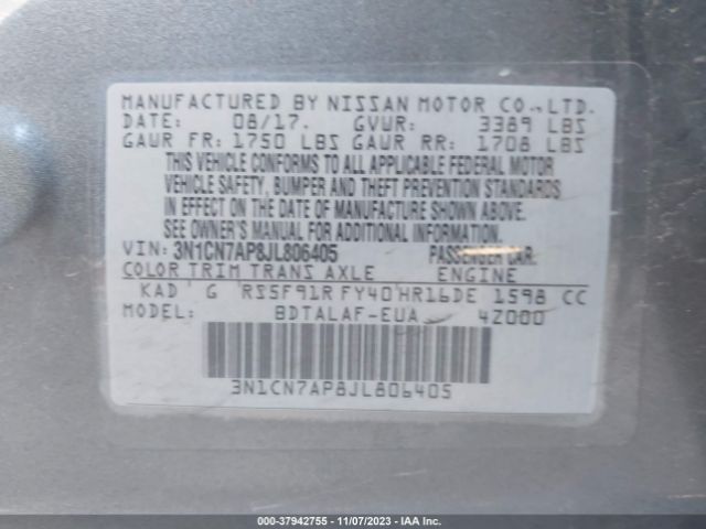 Photo 8 VIN: 3N1CN7AP8JL806405 - NISSAN VERSA 