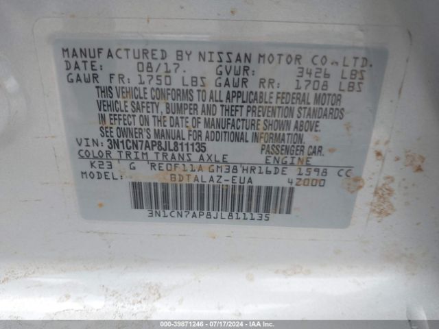 Photo 8 VIN: 3N1CN7AP8JL811135 - NISSAN VERSA 