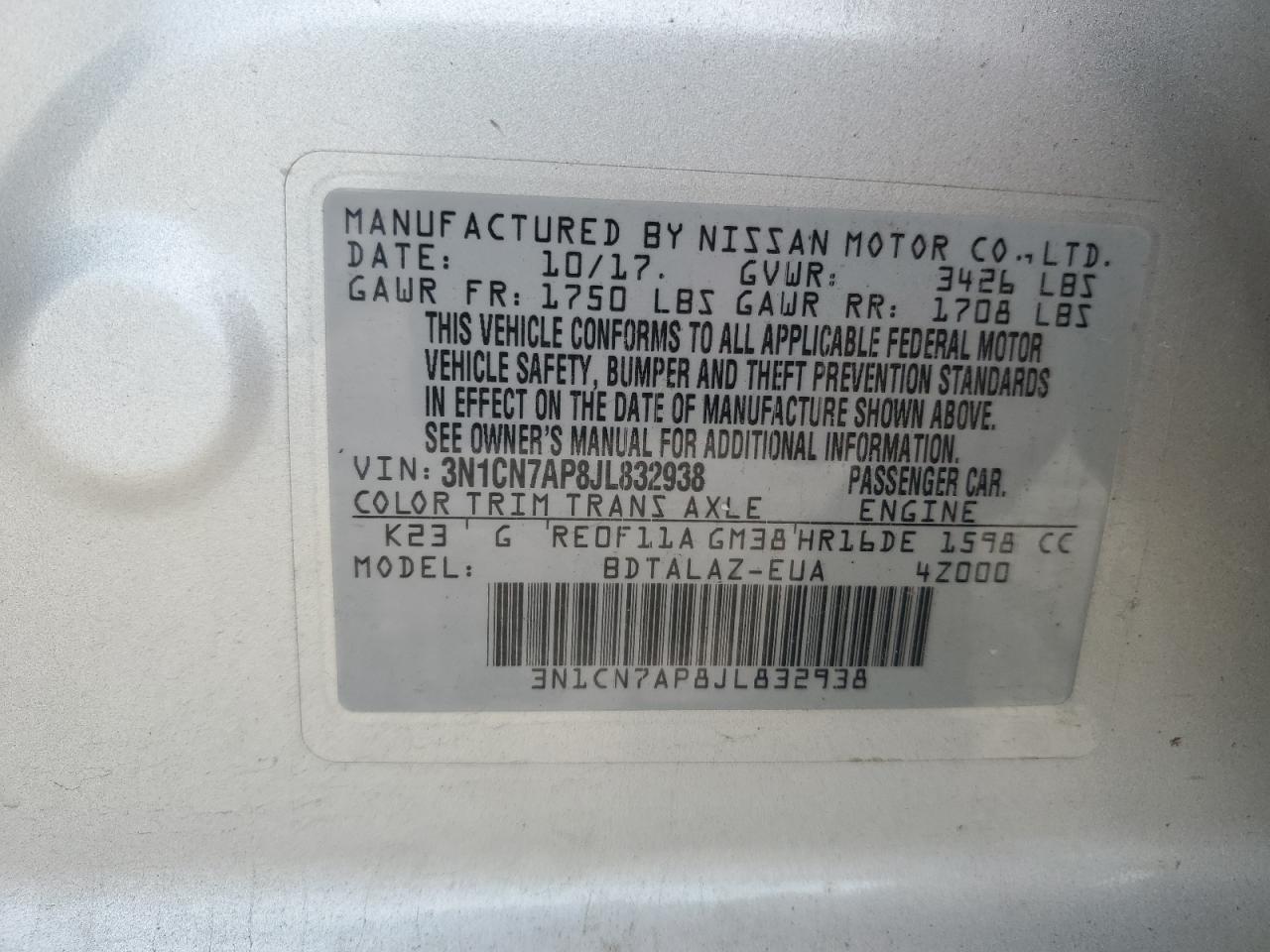 Photo 11 VIN: 3N1CN7AP8JL832938 - NISSAN VERSA 