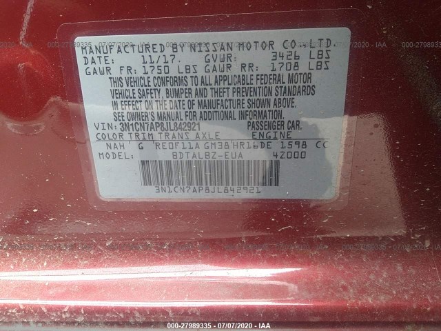 Photo 8 VIN: 3N1CN7AP8JL842921 - NISSAN VERSA SEDAN 