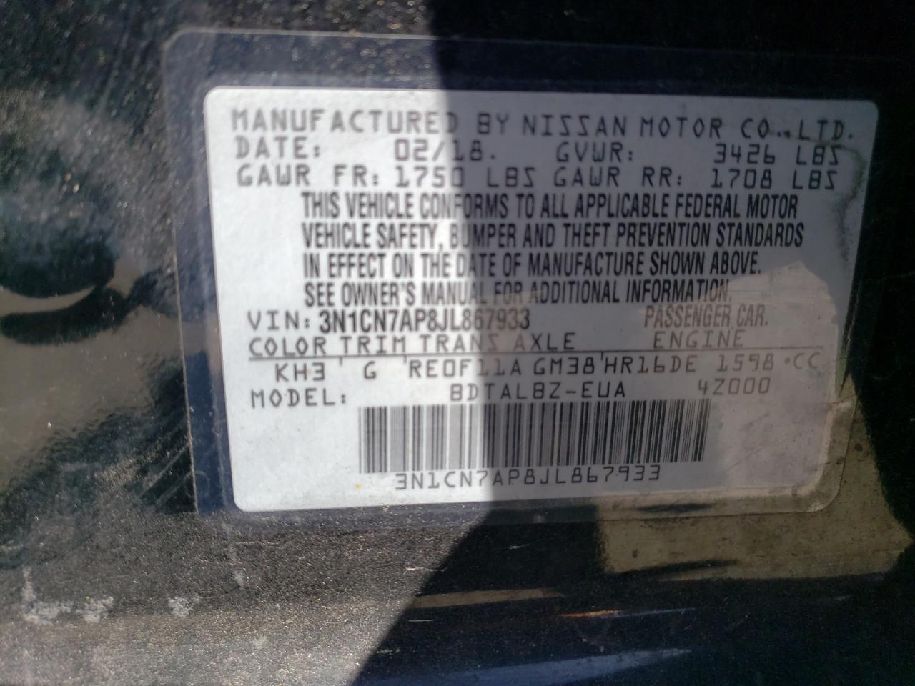 Photo 11 VIN: 3N1CN7AP8JL867933 - NISSAN VERSA 