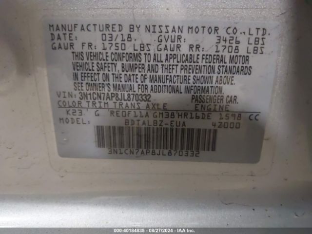 Photo 8 VIN: 3N1CN7AP8JL870332 - NISSAN VERSA 