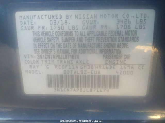 Photo 8 VIN: 3N1CN7AP8JL871674 - NISSAN VERSA SEDAN 