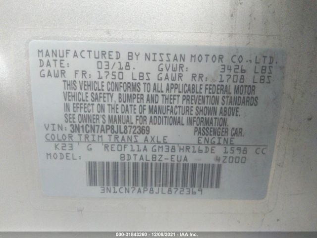 Photo 8 VIN: 3N1CN7AP8JL872369 - NISSAN VERSA SEDAN 