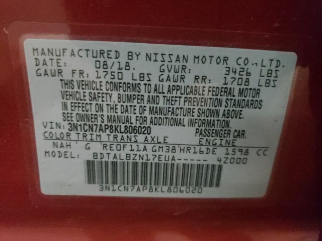 Photo 9 VIN: 3N1CN7AP8KL806020 - NISSAN VERSA S 