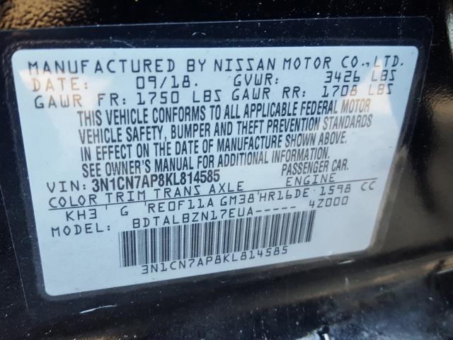 Photo 9 VIN: 3N1CN7AP8KL814585 - NISSAN VERSA SEDAN 