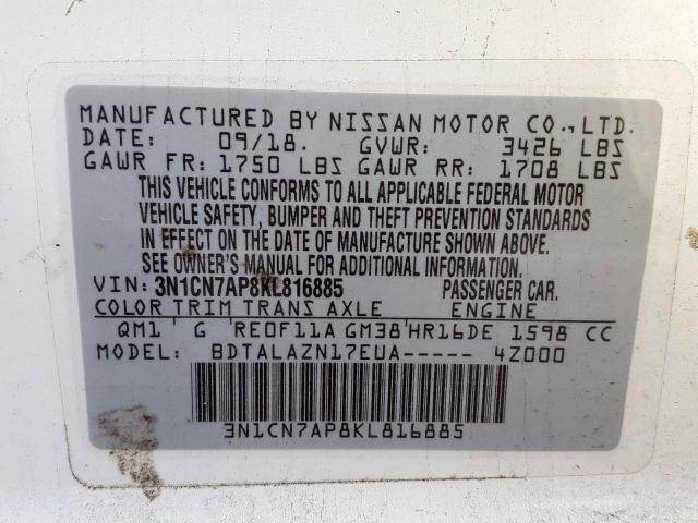 Photo 9 VIN: 3N1CN7AP8KL816885 - NISSAN VERSA S 