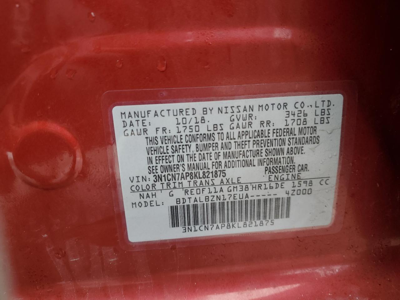 Photo 11 VIN: 3N1CN7AP8KL821875 - NISSAN VERSA 