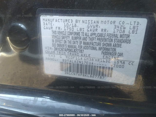 Photo 8 VIN: 3N1CN7AP8KL827787 - NISSAN VERSA SEDAN 