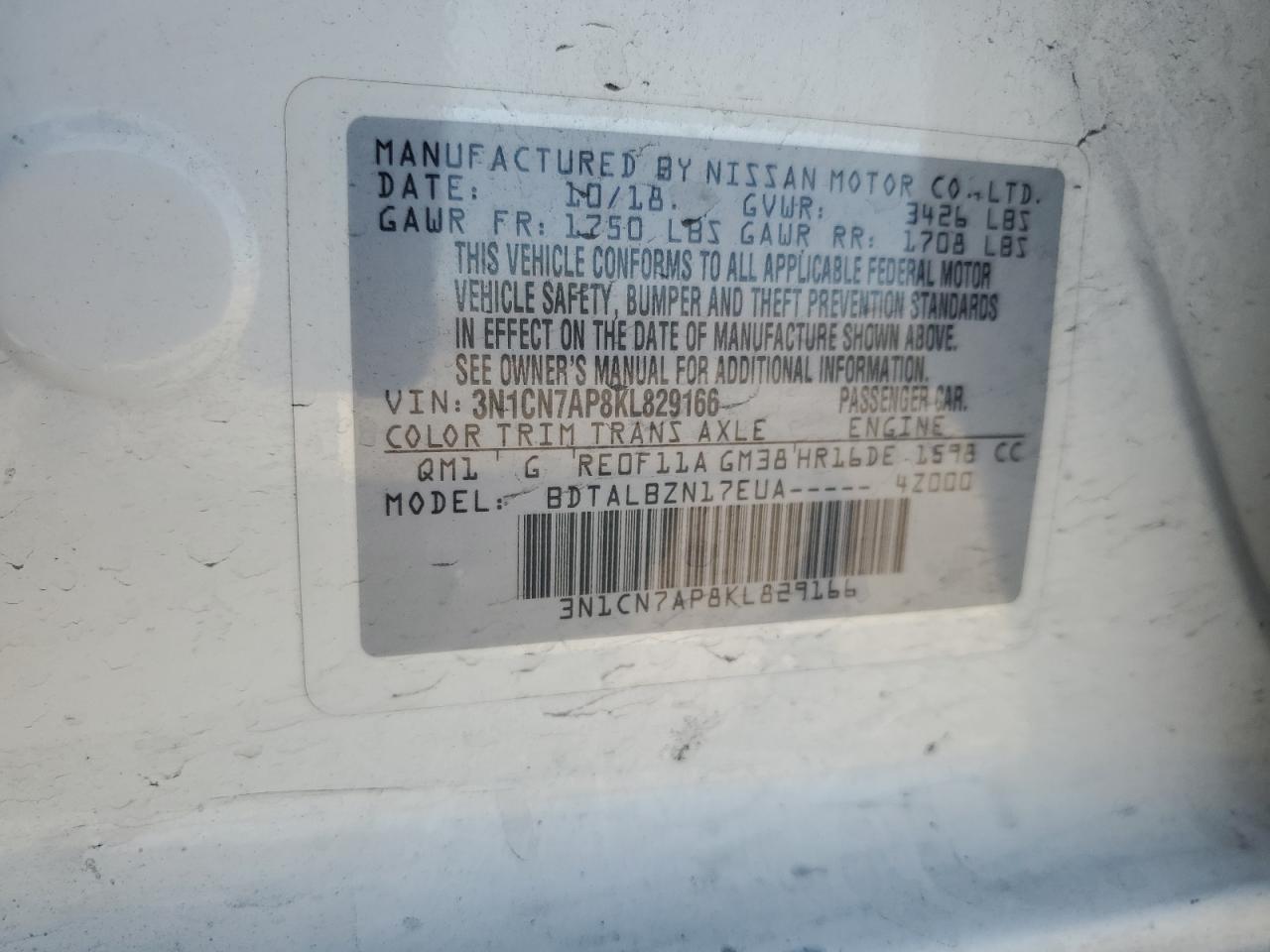 Photo 11 VIN: 3N1CN7AP8KL829166 - NISSAN VERSA 