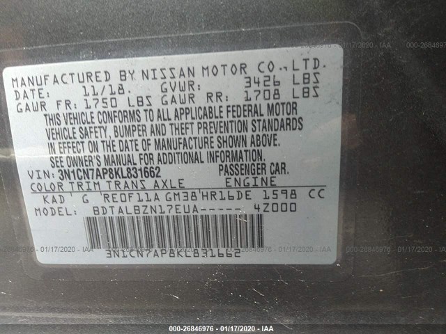 Photo 8 VIN: 3N1CN7AP8KL831662 - NISSAN VERSA SEDAN 