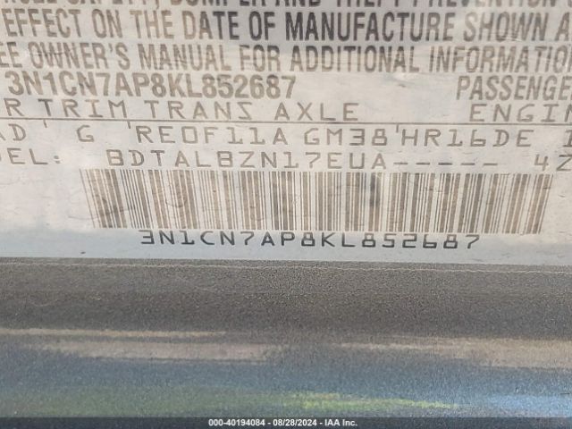 Photo 8 VIN: 3N1CN7AP8KL852687 - NISSAN VERSA 