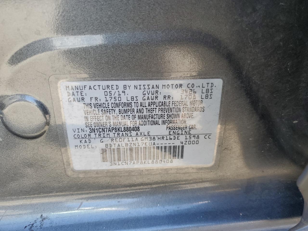 Photo 11 VIN: 3N1CN7AP8KL880408 - NISSAN VERSA 