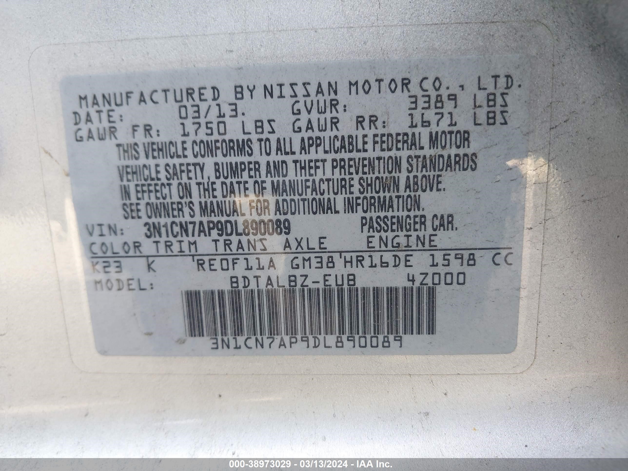 Photo 8 VIN: 3N1CN7AP9DL890089 - NISSAN VERSA 