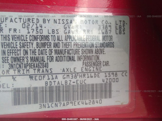 Photo 8 VIN: 3N1CN7AP9EK462840 - NISSAN VERSA 