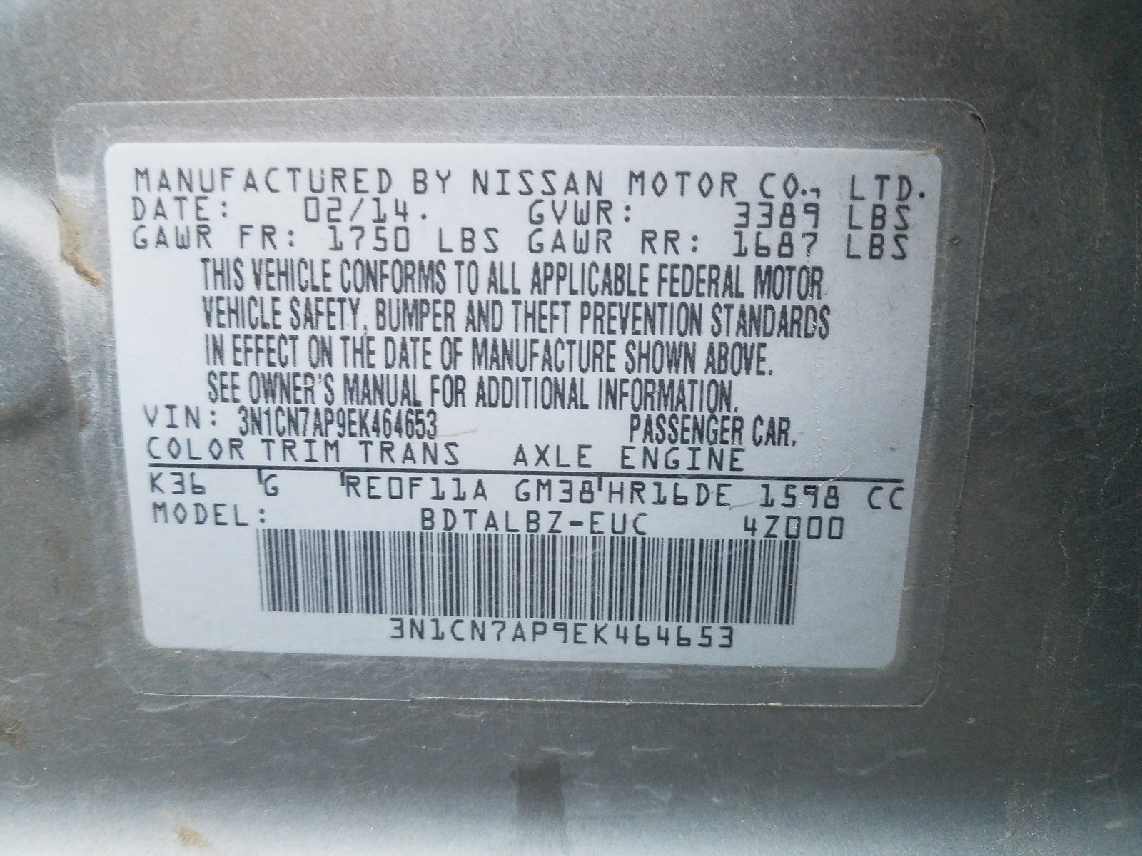 Photo 9 VIN: 3N1CN7AP9EK464653 - NISSAN VERSA S 